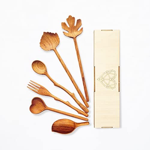 Natural Wooden Spoons and Forks Set (Set of 6), Hostess Gifts for Women, 