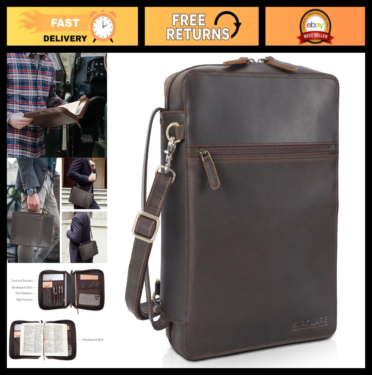 Full Grain Leather Bible Cover, Church Bag, Protective Book Holder, Organizer Ca