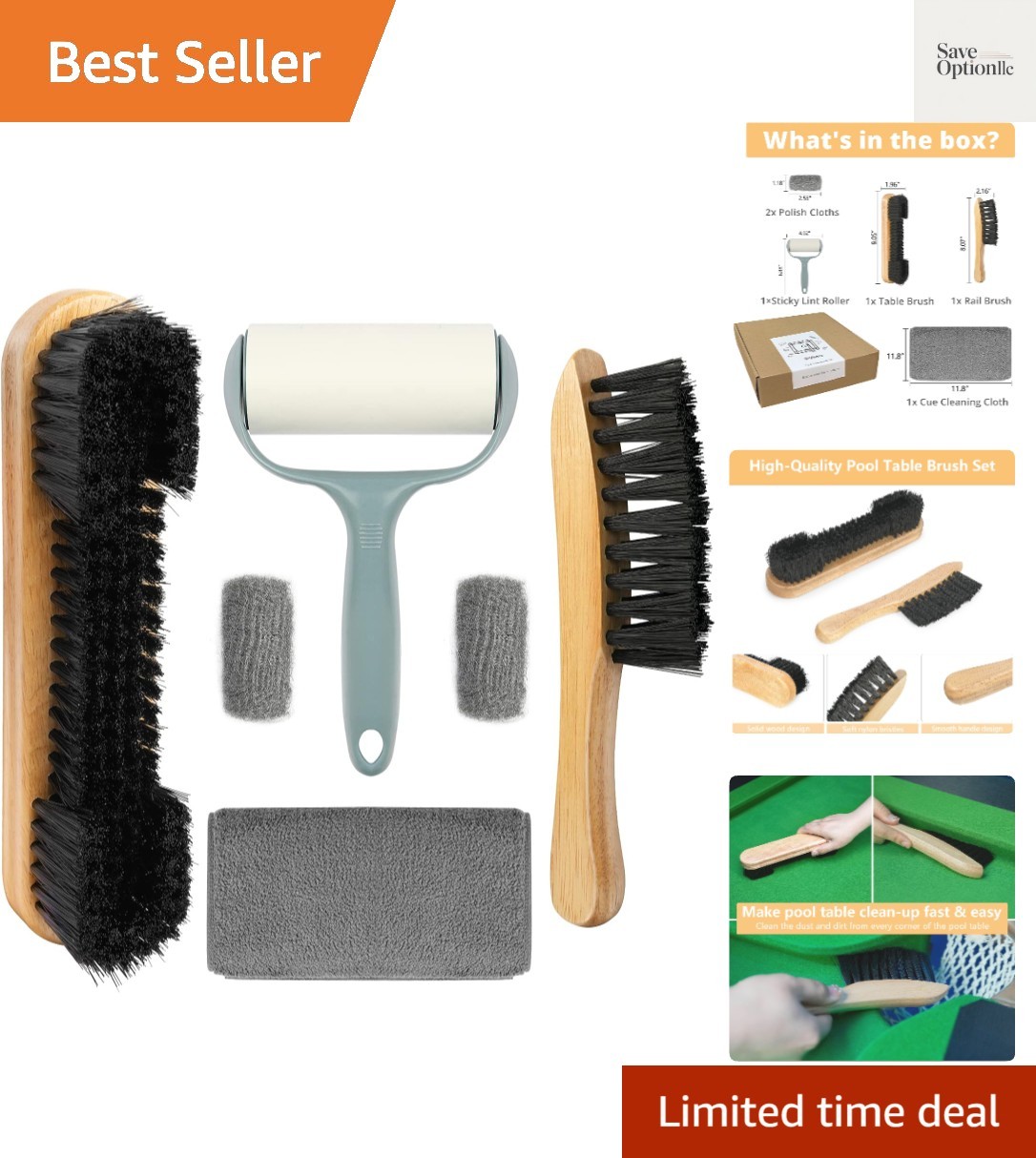 Pool Table & Rail Brush 5 Set, Billiard Felt Cleaner Accessories with 2 Woode...