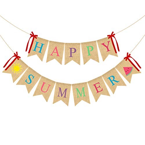 2Pack Happy Summer Burlap Banner Rustic Garland Decorations with Sun and 