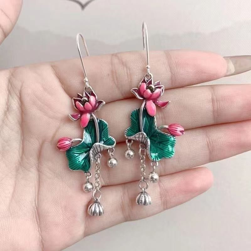 Ethnic Style Lotus Hook Earrings Women's Long Chinese Style Dangle Jewelry