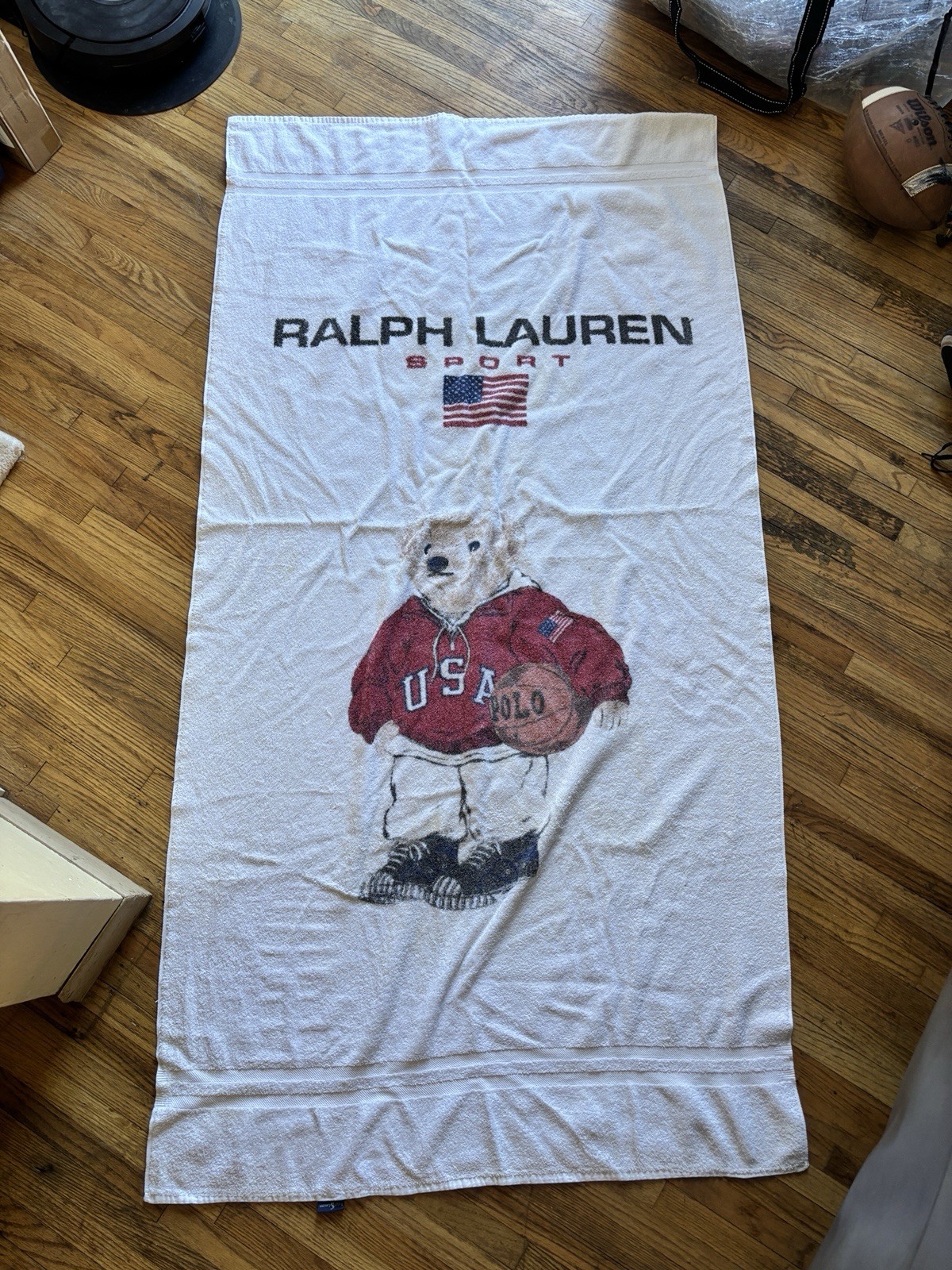 Vintage Ralph Lauren Sport Polo Bear USA Flag Beach Towel 34x66 White Cotton