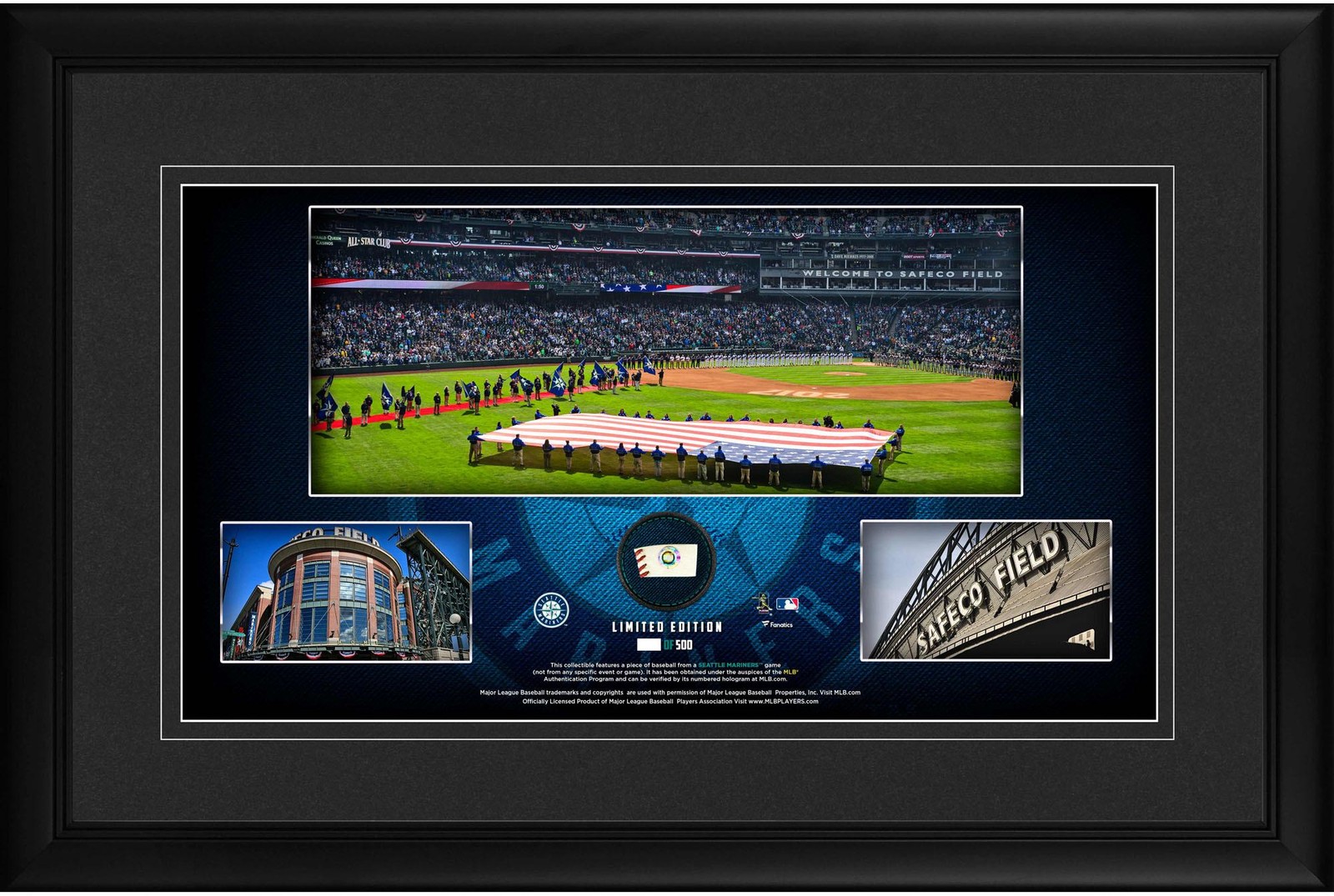 Seattle Mariners Framed 10x18 Stadium Panoramic Collage & Piece of GU Baseball