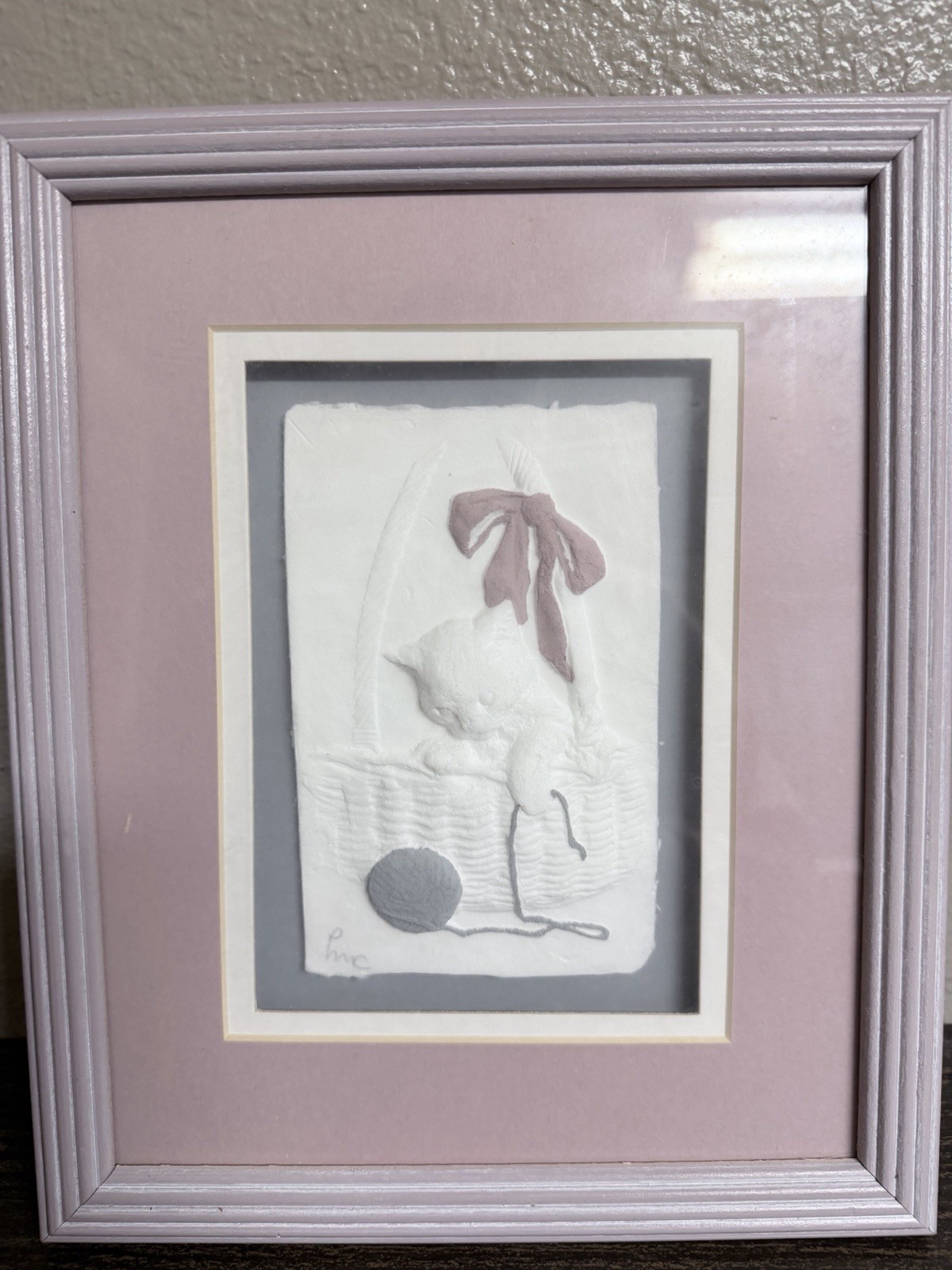 Framed 3D Mixed Media Assemblage Cat with Basket, Yarn and Bow Art on Paper