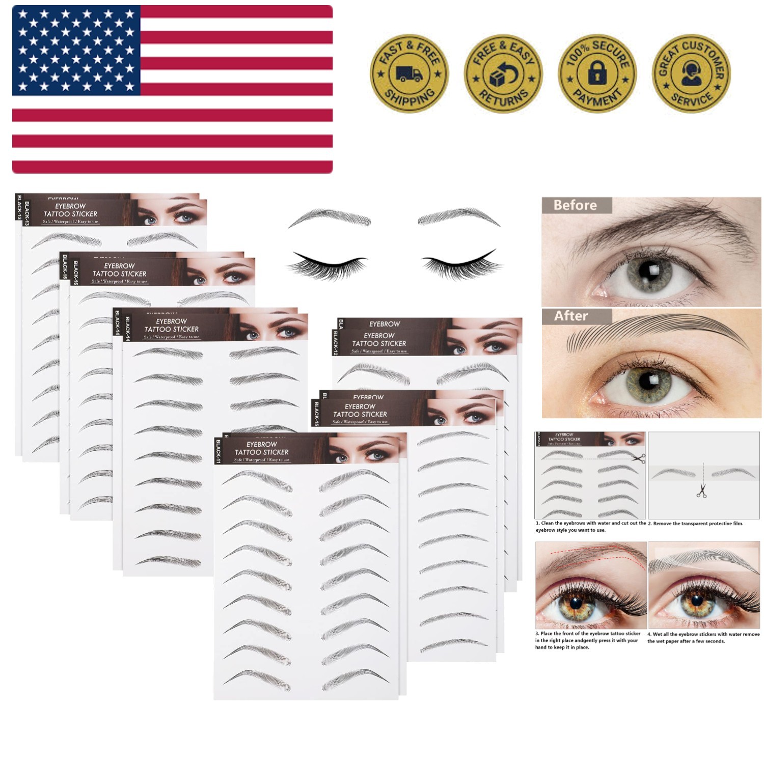 12 Sheets 108 Pairs 4D Hair Like Waterproof Eyebrow Tattoos Stickers Temporar...
