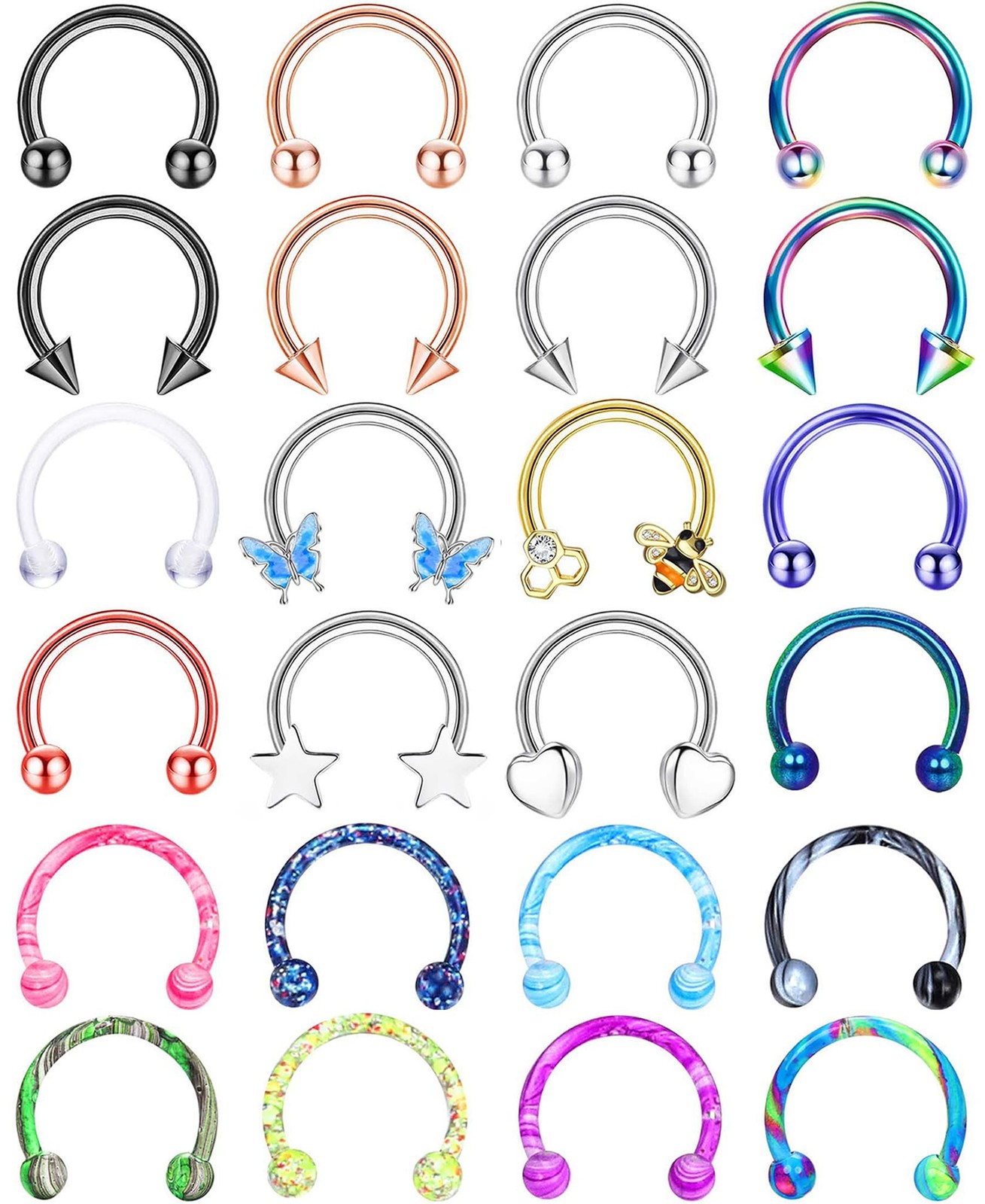 BESTEEL 24 PCS Septum Nose Rings for Women 16G - Hypoallergenic Horseshoe Lip...