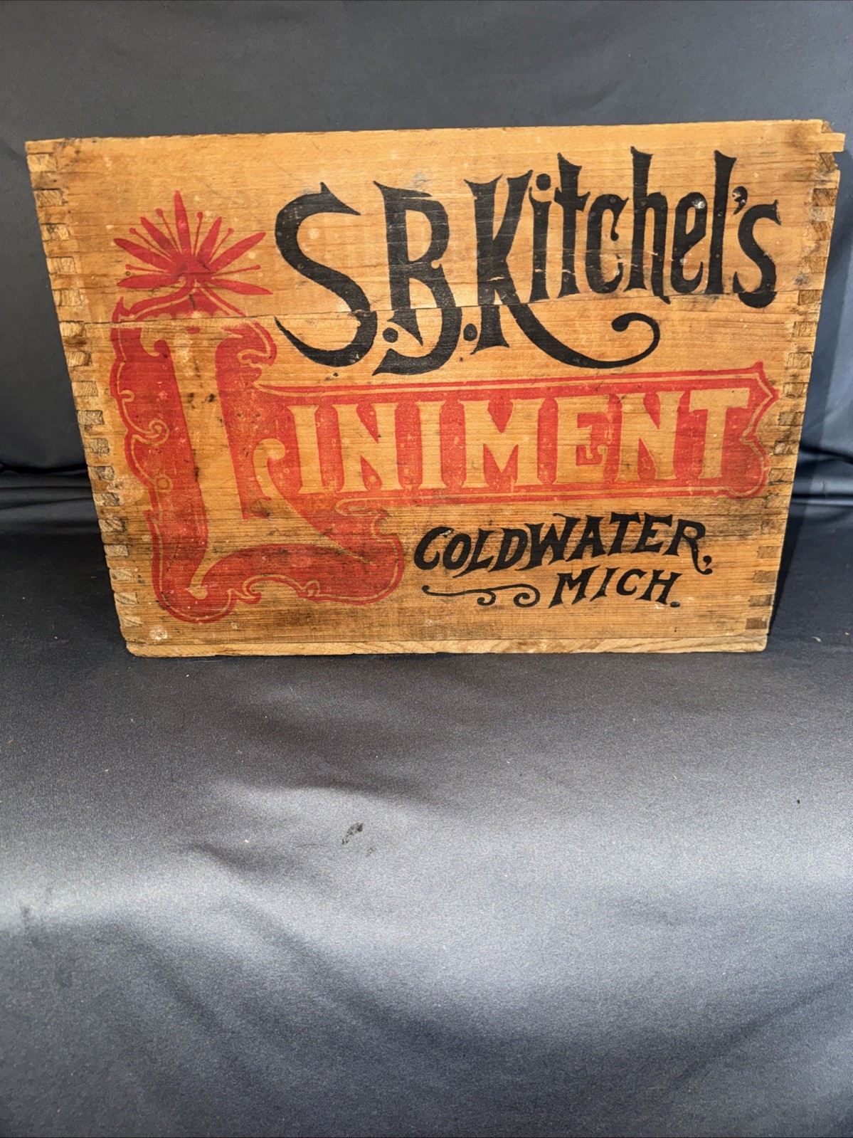Antique S.B. Kitchel’s Liniment Coldwater MI Advertising Wood Crate