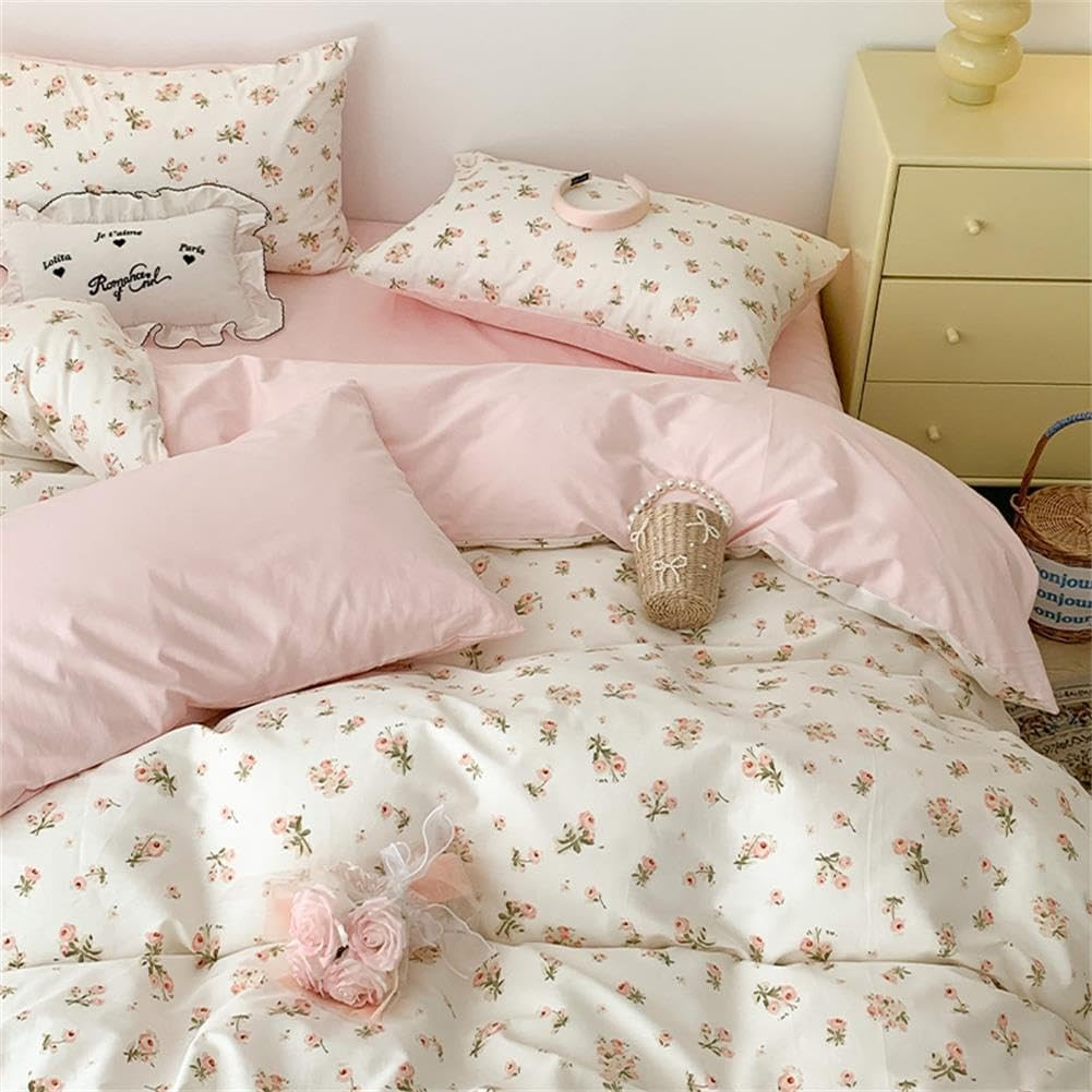 Floral Duvet Cover Full Size Pink Romantic Flower Bedding Set 3 Pcs Cotton Sprin