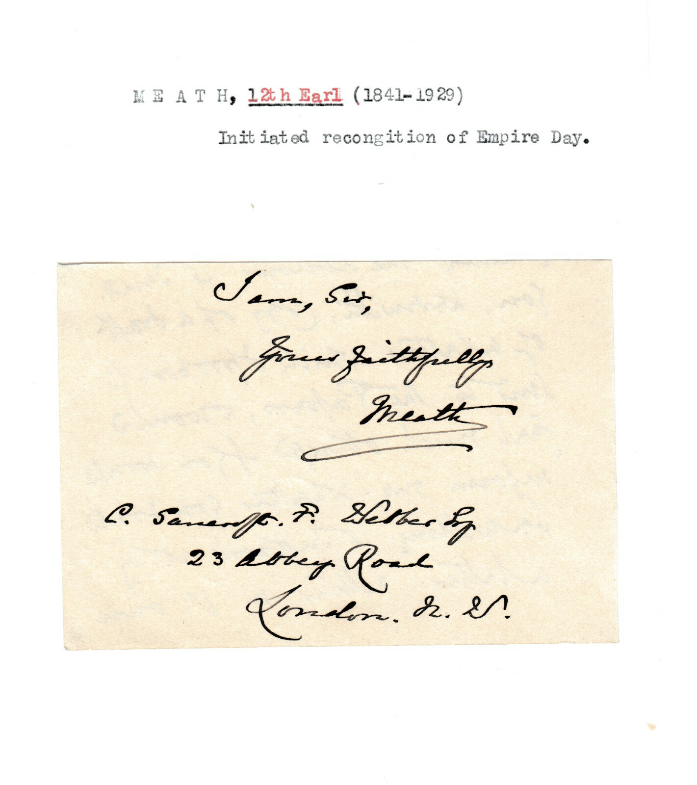 British 19th Century Reginald Brabazon 12th Earl of Meath Cut Signature 