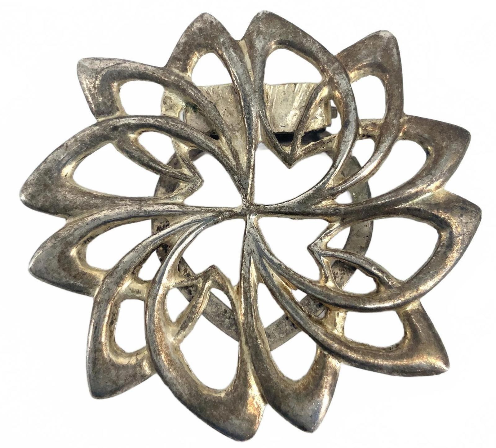 Vintage Silver Tone Brutalist Floral Scarf Clip Geometric Swirl Boho Accessory