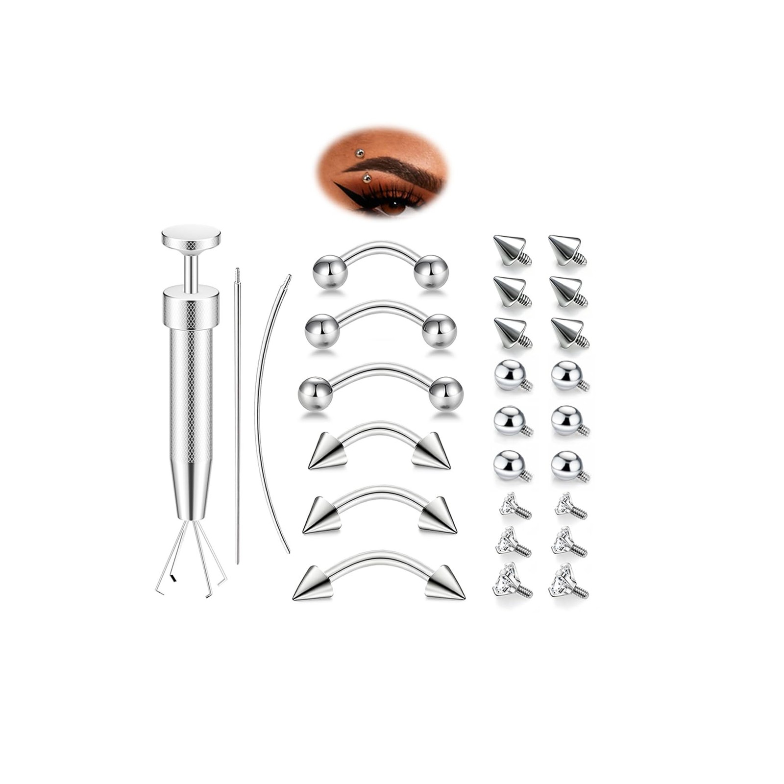 Eyebrow Piercing Jewelry Set with Tools, 14G 1.5mm 2mm 3mm 5mm, Silver 