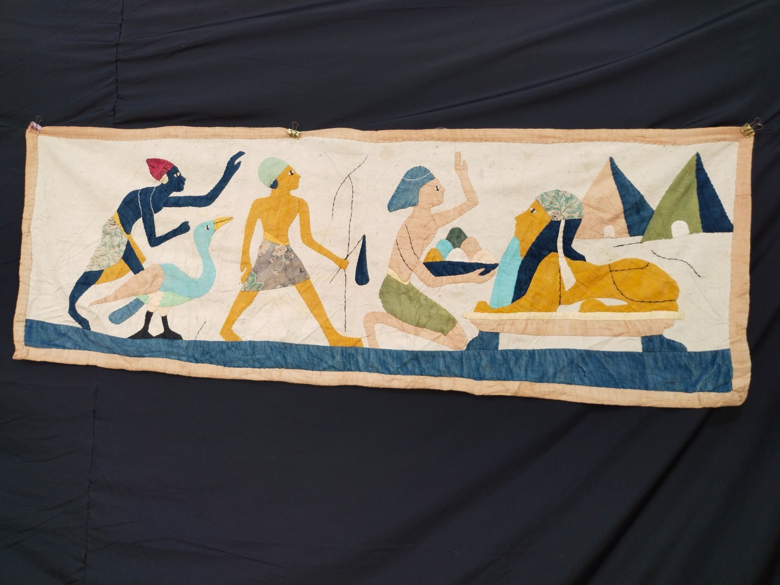 vintage  Egyptian applique needlework textile tapestry hanging panel t1574