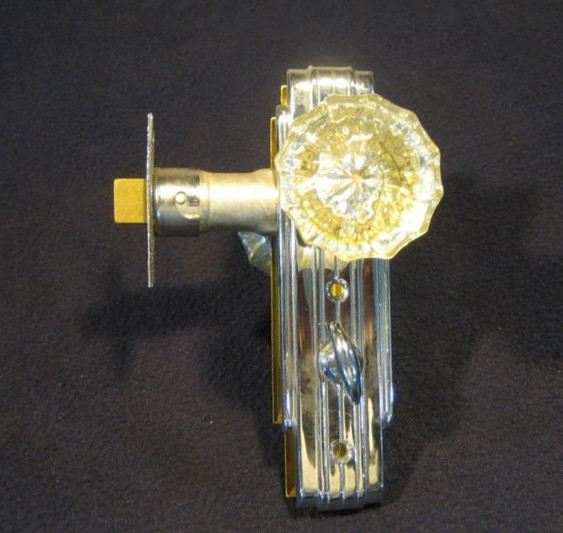 Vintage Art Deco Brass & Nickel Bathroom Lock Set Glass Knobs - Dexter NOS