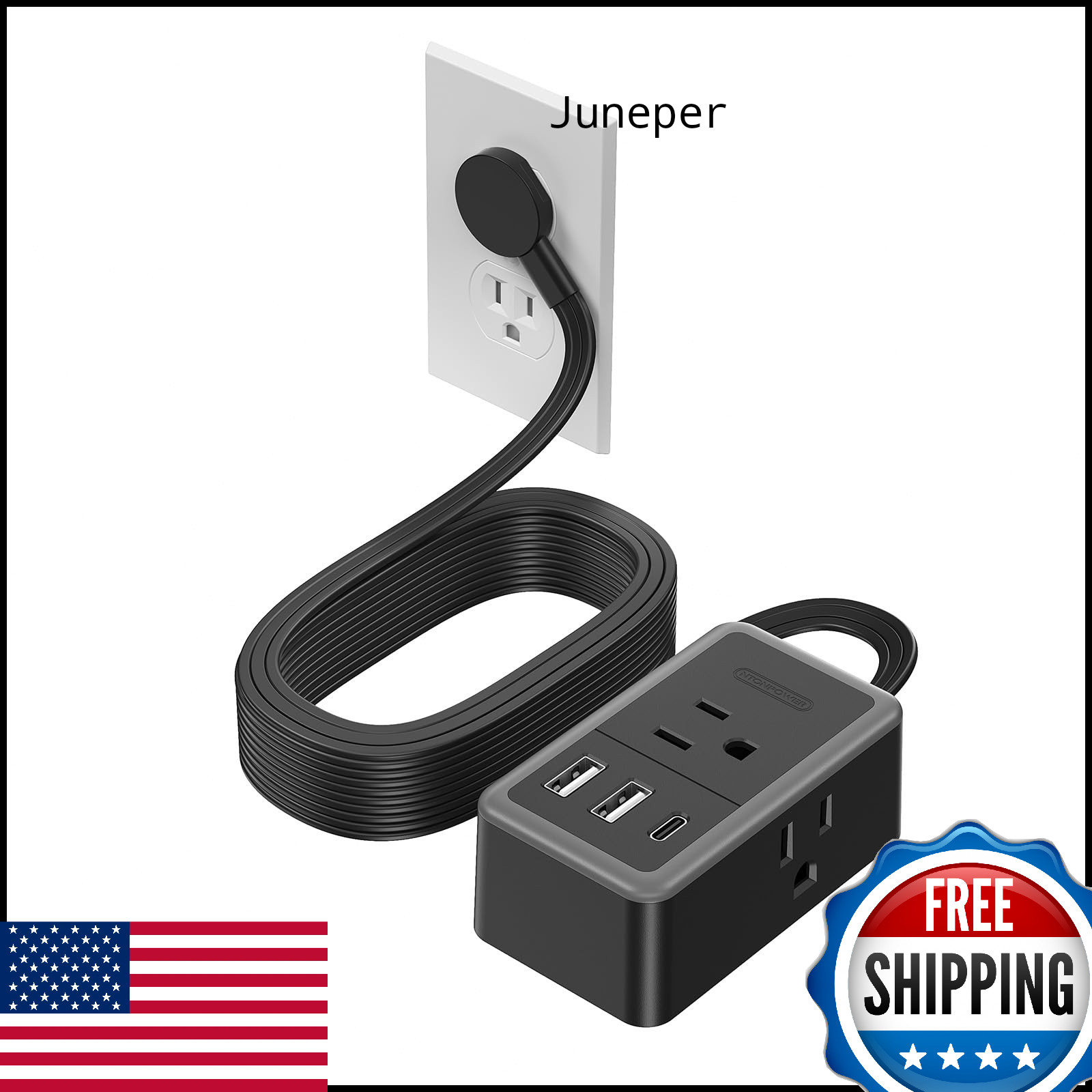 NTONPOWER 15ft Flat Plug Power Strip w/ 3 Outlets & 3 USB (1 USB-C) Black