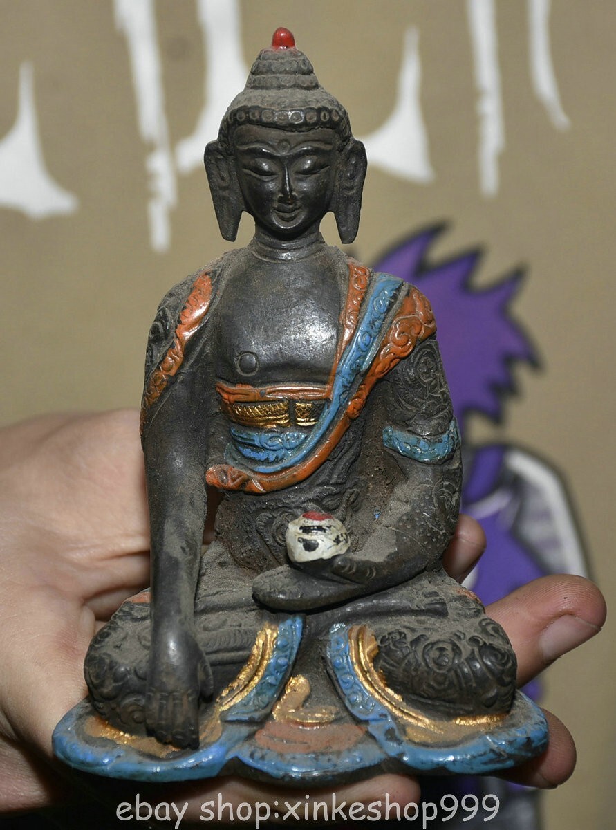 4.4" Old Tibet Bronze Paintings Buddhism Shakyamuni Amitabha Buddha Statue