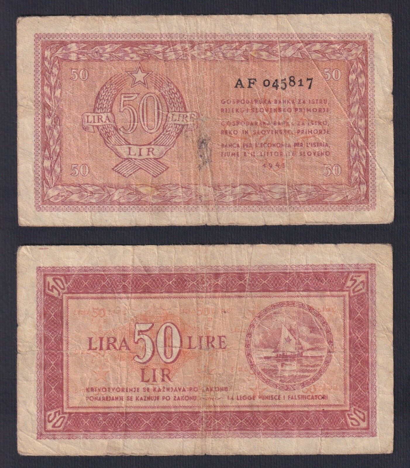 Yugoslavia Occupation Istria Slovenian Littoral 50 Lire 1945 P.-R5b MB+/F+