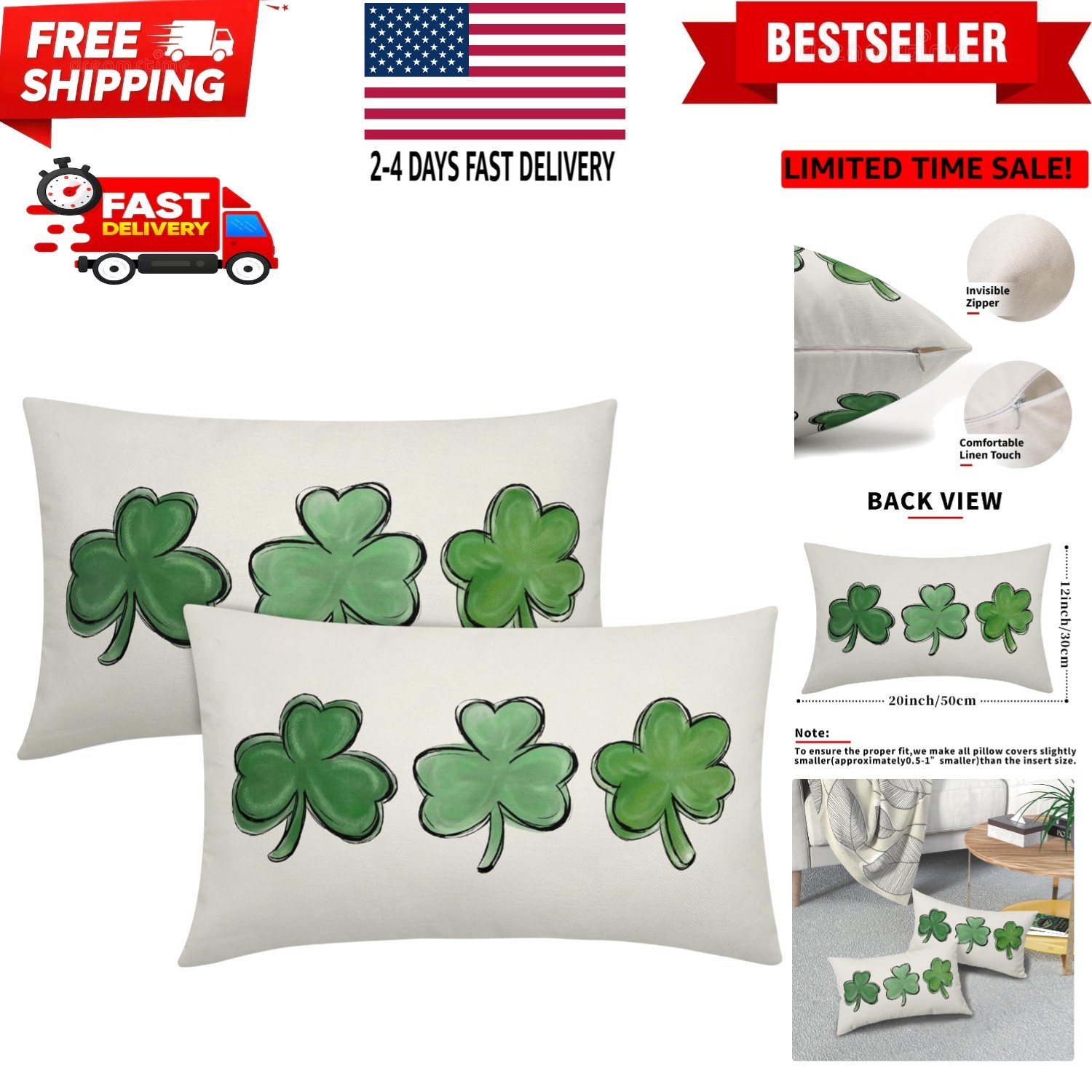 St Patricks Day Lumbar Pillow Covers 12X20 Inch Watercolor Lucky Clover Shamr...