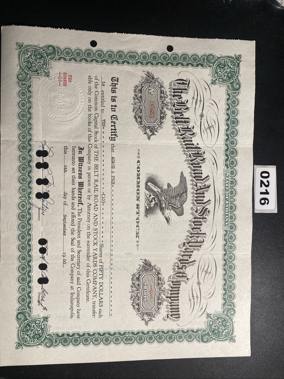 THE BELT RAILROAD AND STICK YARDS COMPANY Stock Certificate 1960 0216