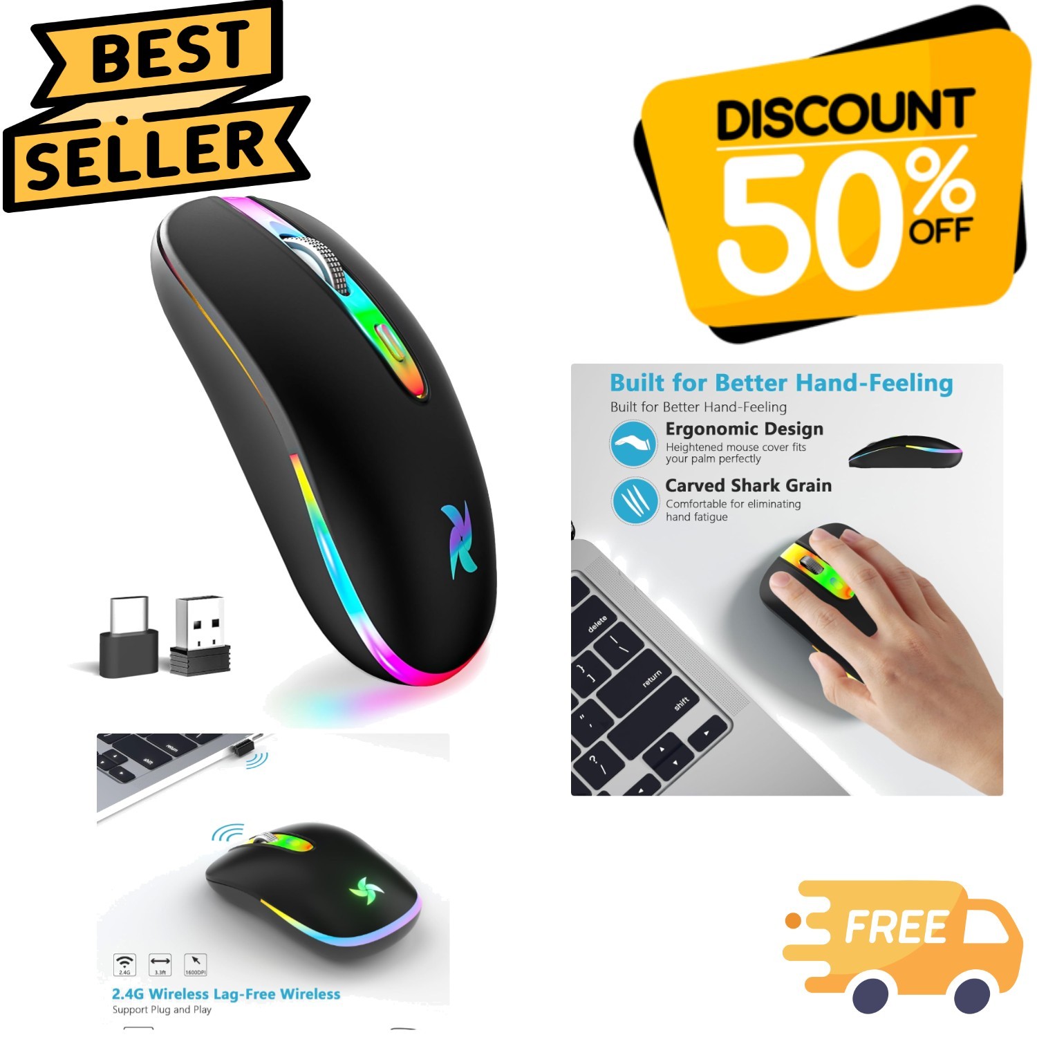 Sleek LED Wireless Mouse - Rechargeable, Silent, and Ergonomic Design in Black