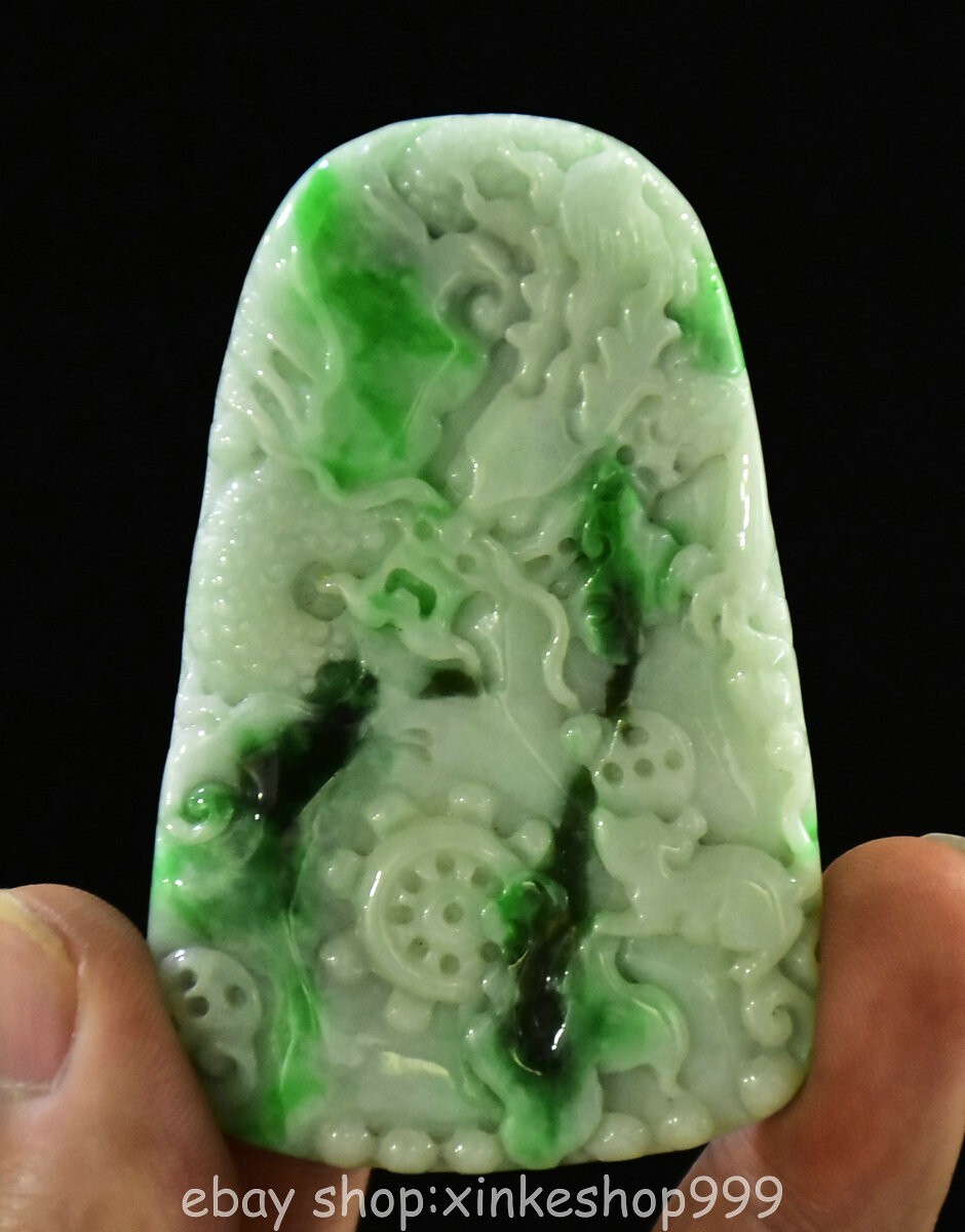 2.8" Chinese Natural Jadeite Jade Carving Fengshui Dragon Yu Bi Amulet Pendant