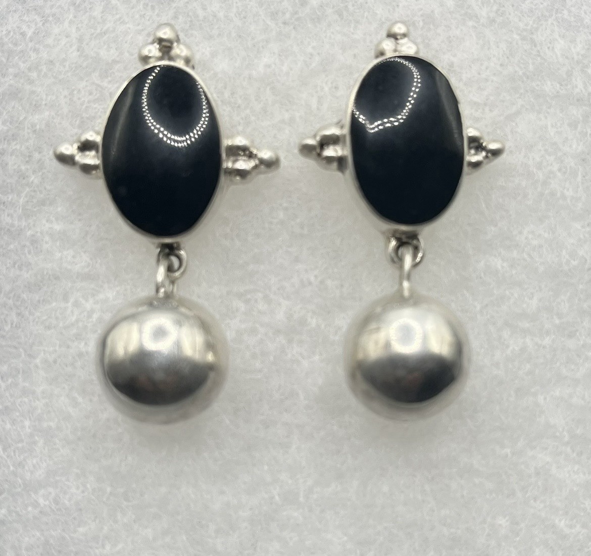 Vintage Taxco Mexico Sterling Silver & Black Onyx Dangle Earrings - TM-120