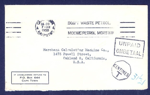 SOUTH AFRICA 1950 BOXED UNPAID TO USA