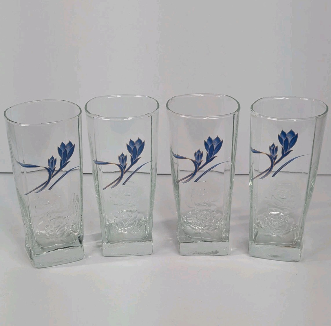 4 Vtg Embossed Blue Crocus Cocktail Bar Pressed Glass Tumbler Highball Glasses
