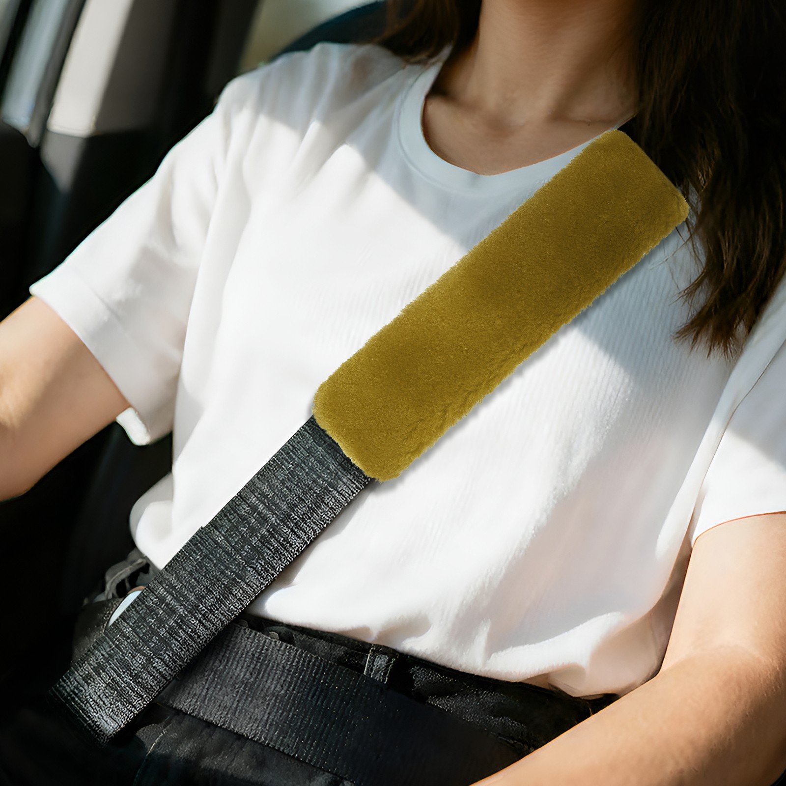 2 Pcs Car Seat Belt Cover Pad Soft Fluffy Seatbelt Cushion Khaki