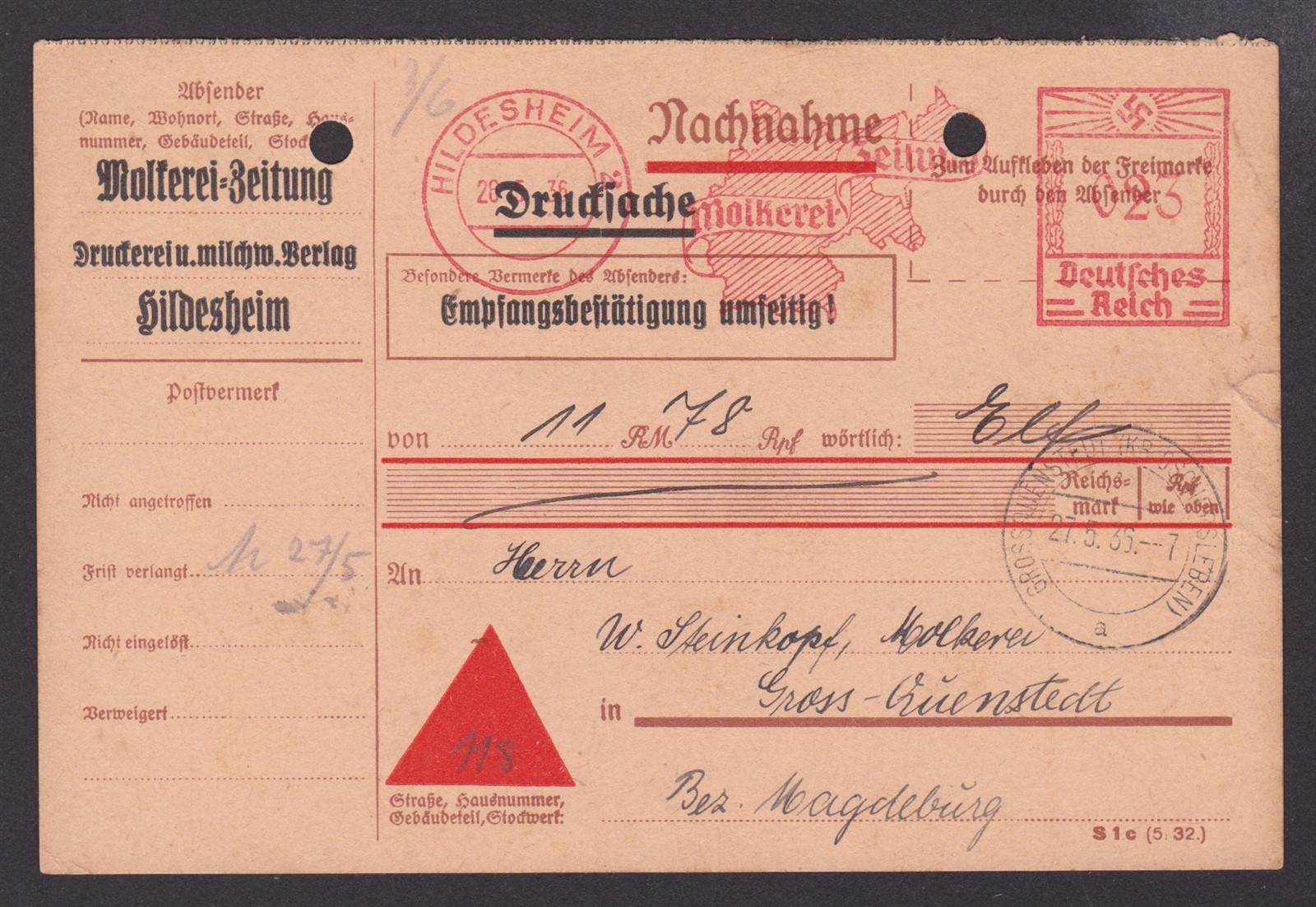 GERMANY 1936, Money order from Hildesheim with meter mark