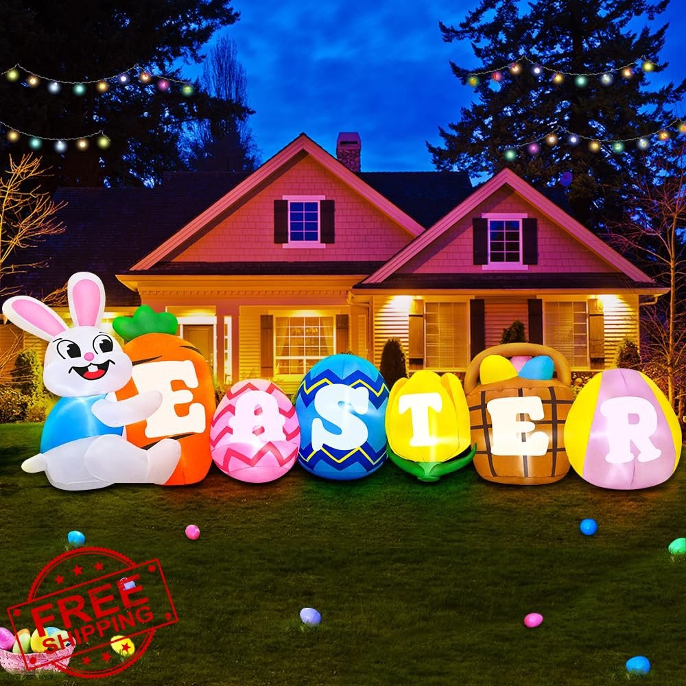 Easter Inflatables 10Ft Outdoor Bunny Banner Decor Blow Up Lights Yard