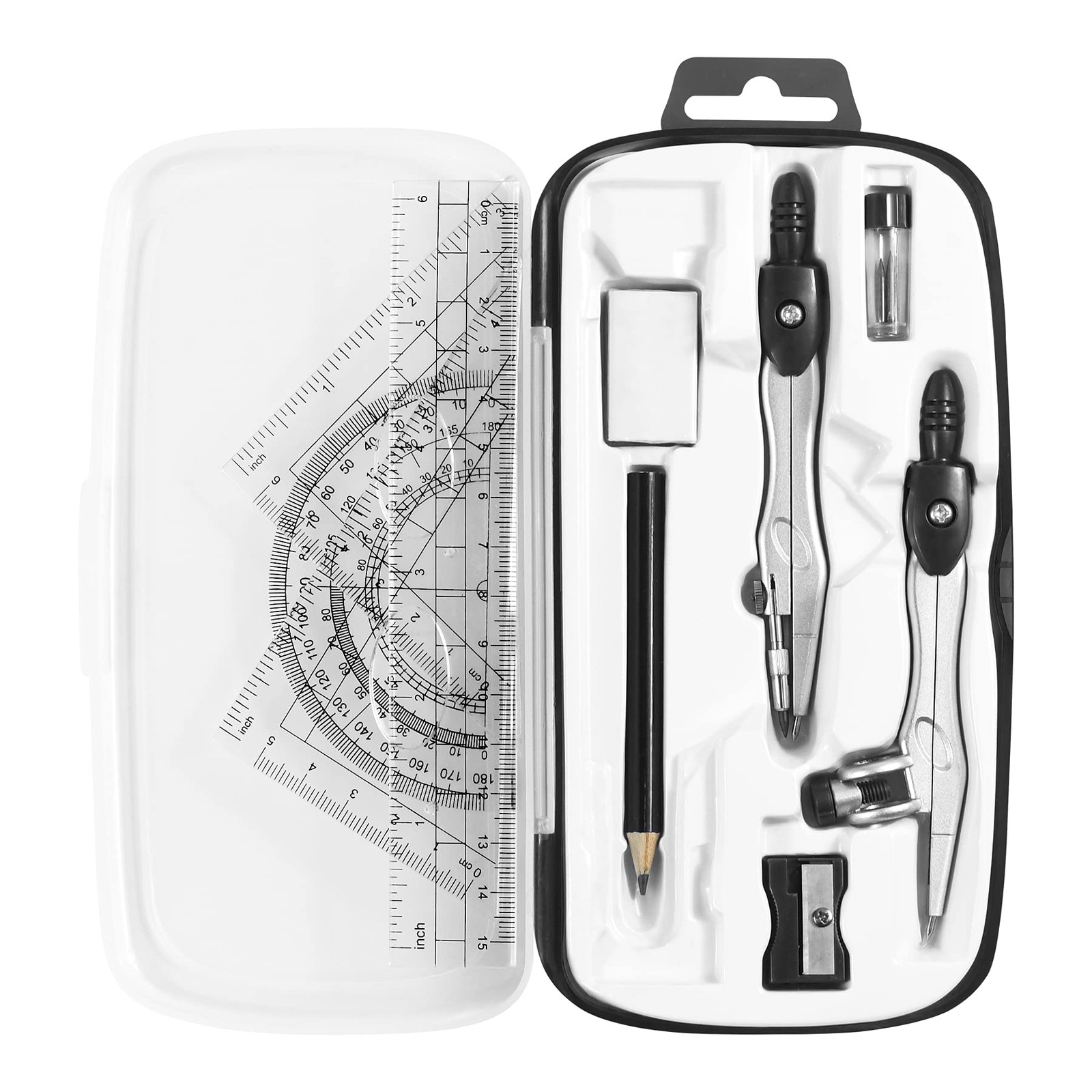 Math Geometry Kit Sets 10 Piece Student Supplies with Shatterproof Storage Bo...