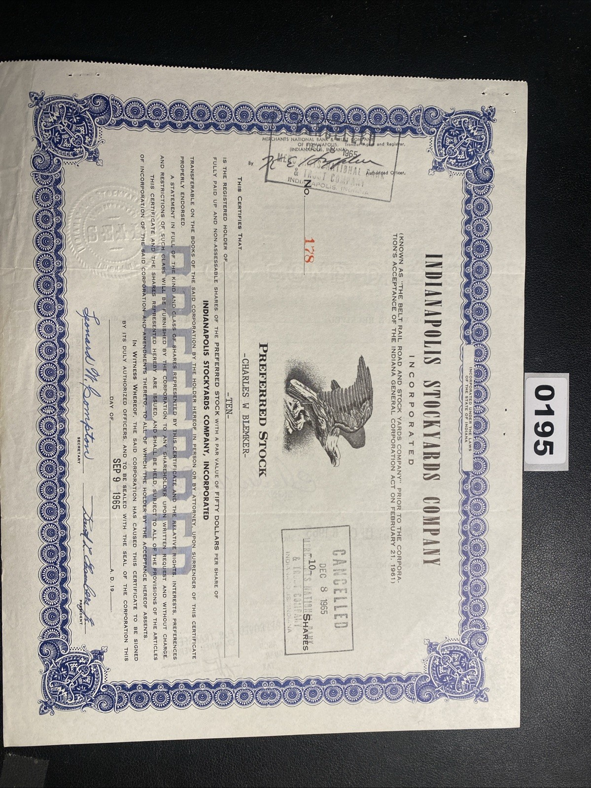 INDIANAPOLIS STOCKYARDS COMPANY Stock Certificate 1965 0195