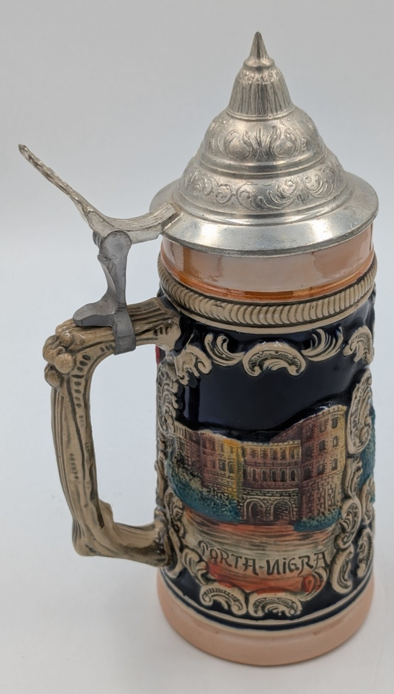 Vintage German Beer Stein 1920s Ceramic Mug with Pewter 9.5"