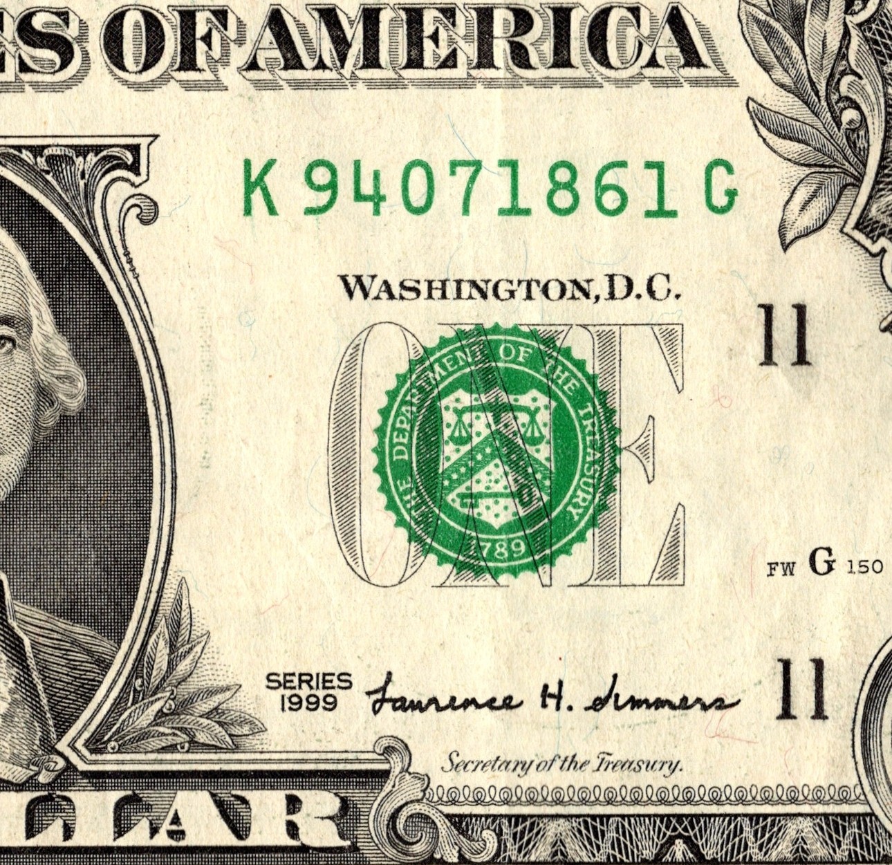 1999 K Series Old Note Fancy Serial Number One Dollar Bill
