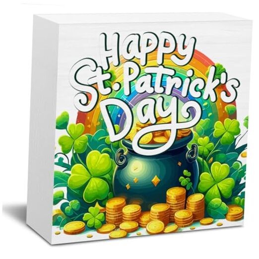 . Patrick's Day Decorations, Shamrock Pot of Gold Wooden Block Sign, Happy. St