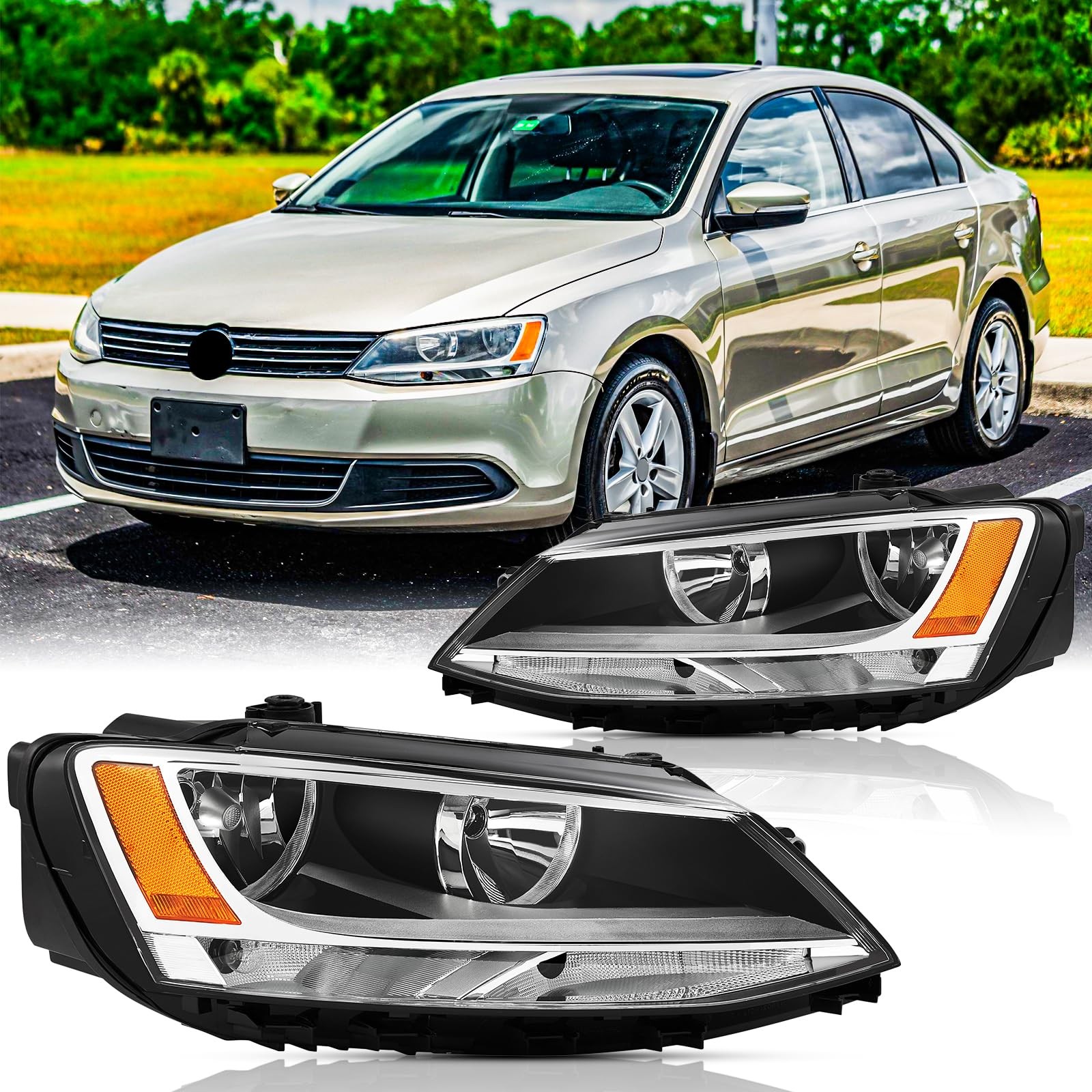 Direct Replacement Headlight Assembly Pair 2011-2018 Jetta MK6 Chrome Housing