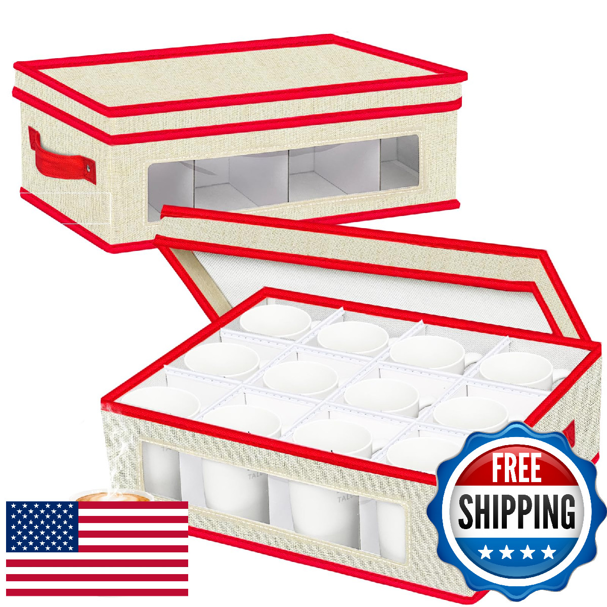 Homyfort Mug Storage Box Organizer China Tea Cup Containers w/ Dividers 2 Pack