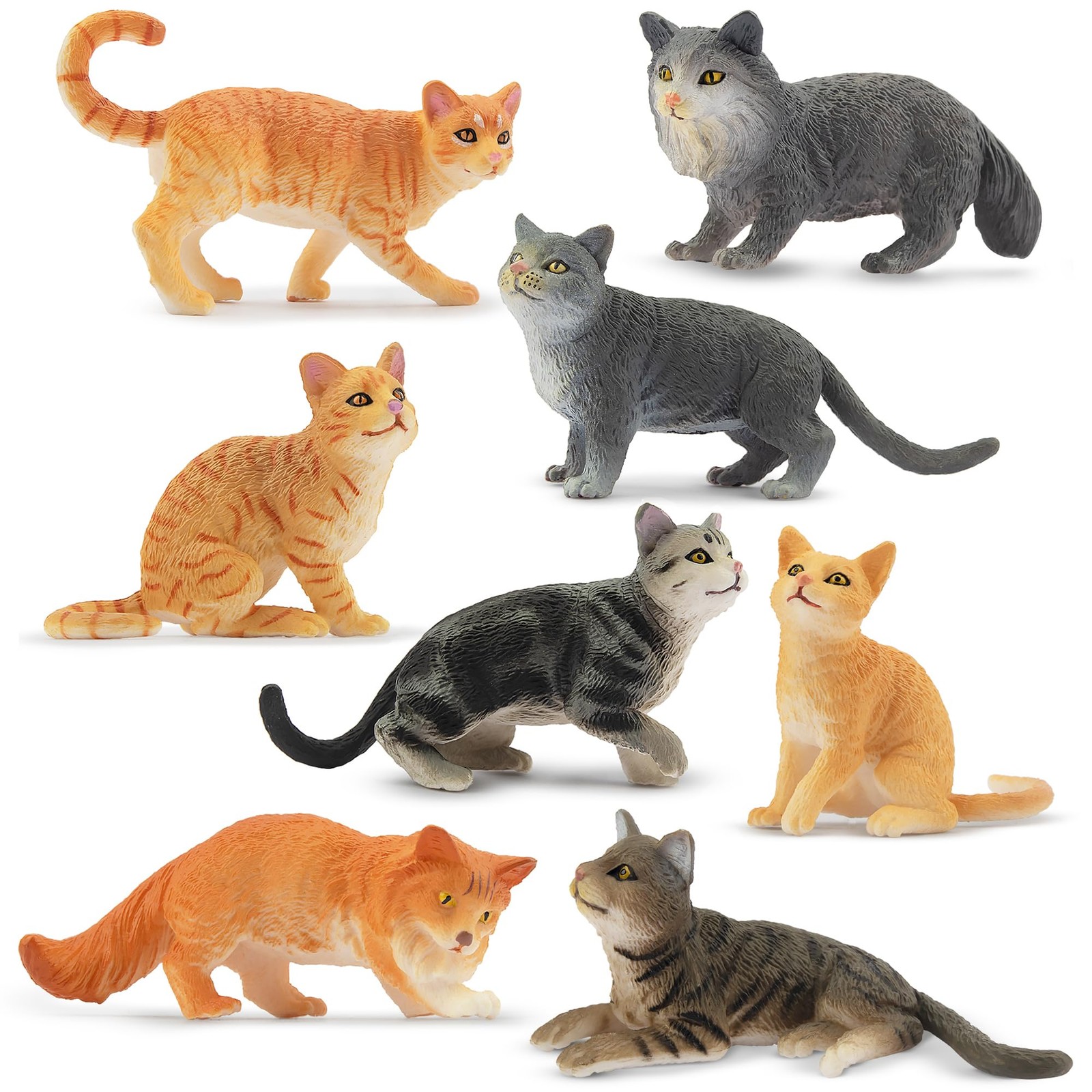 Toymany 8PCS Grey & Orange Cat Figurines 8 Piece Assortment, Black&orange 