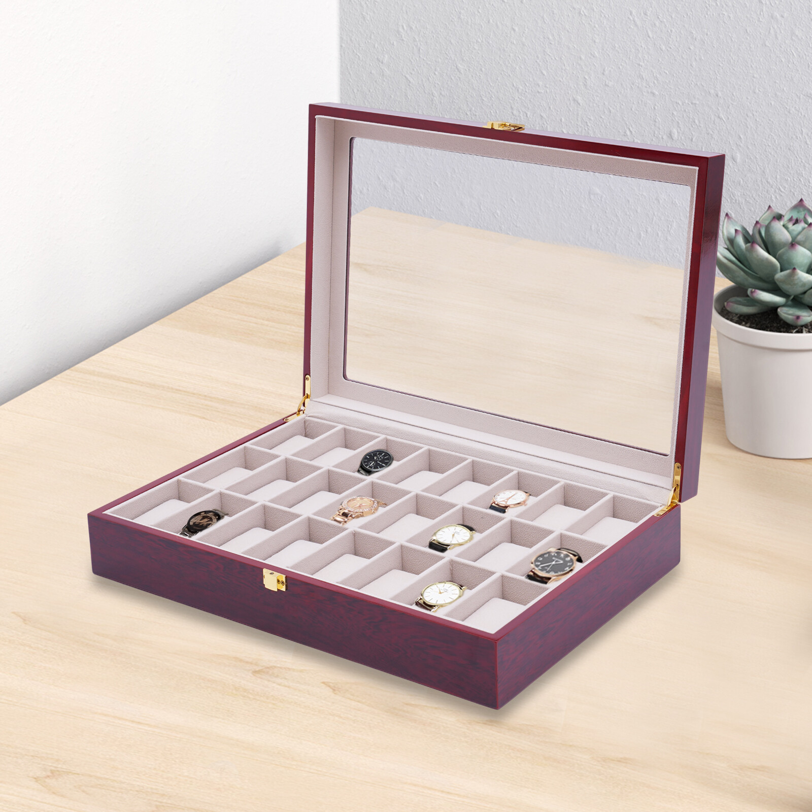 24 Grid Ebony Wood Watch Box Case Container Glass Top Jewelry Storage Organizer