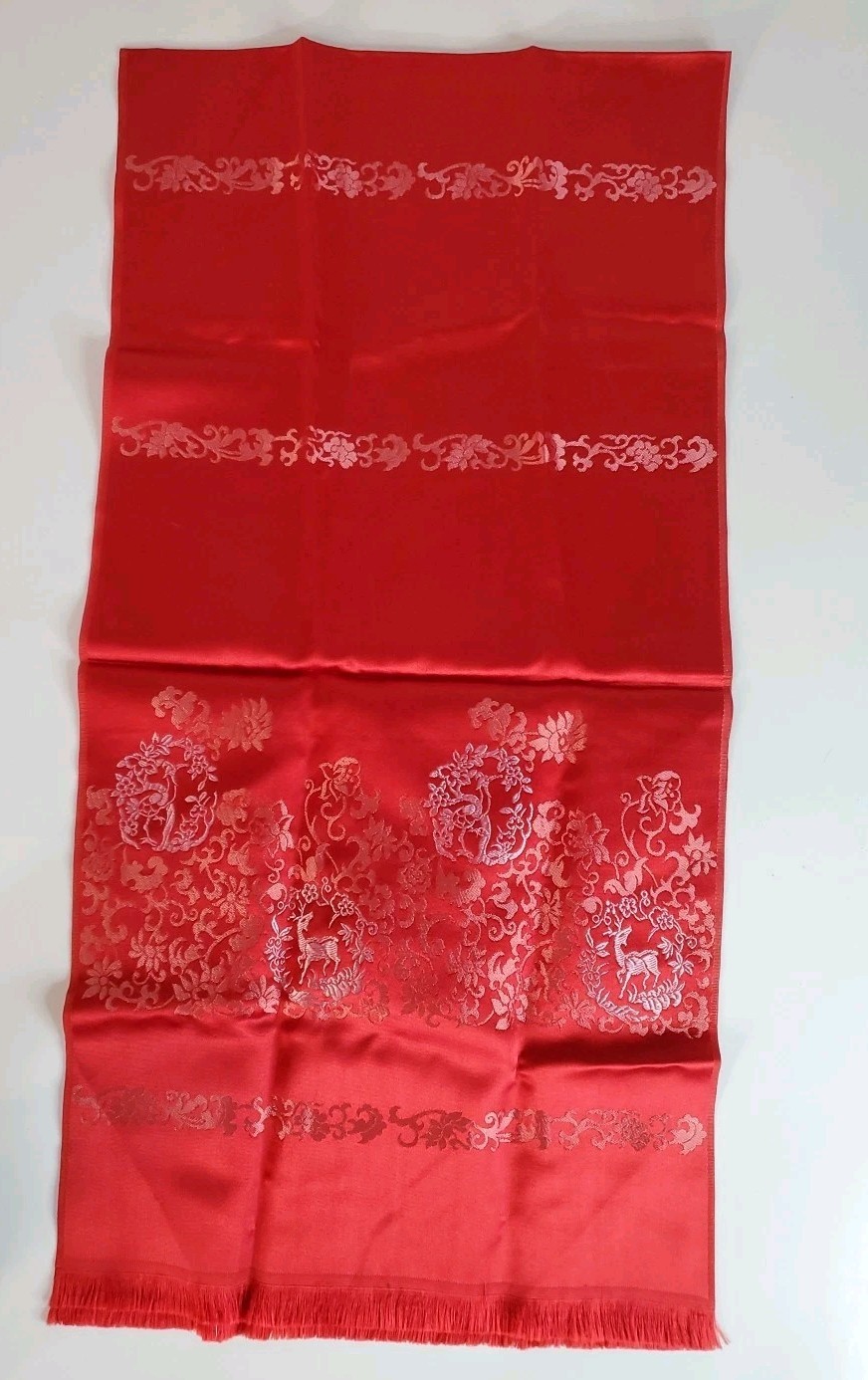 Vintage Asian SILKY PATERN DAMASK/Scarf WALL TAPESTRY TEXTILE With Fringe