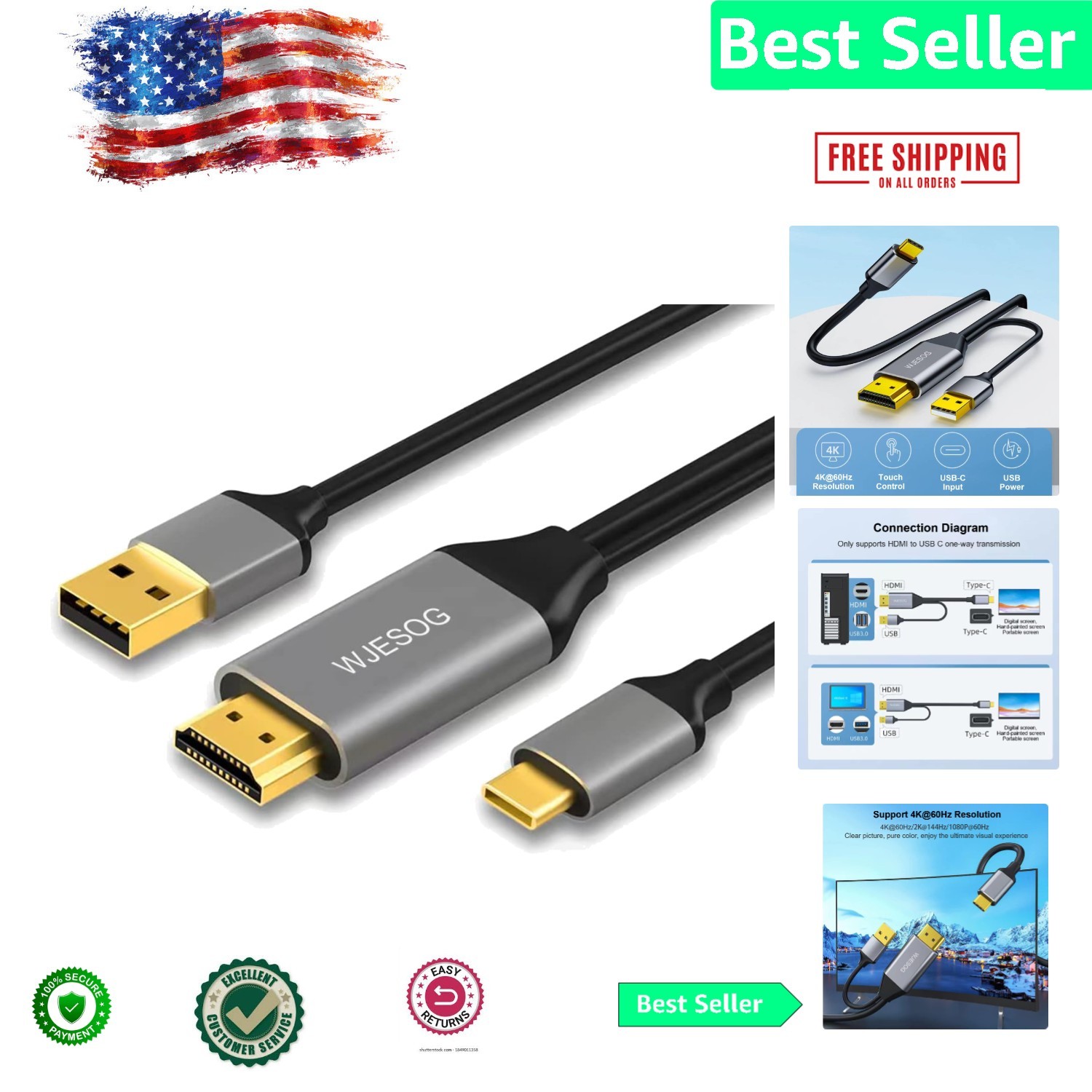 4K@60Hz HDMI to USB C Adapter 6.6ft Cable for MacBook & Projector Connection