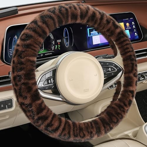 Fluffy Cheetah Car Steering Wheel Cover Luxurious Faux Fur Leopard Print Coffee