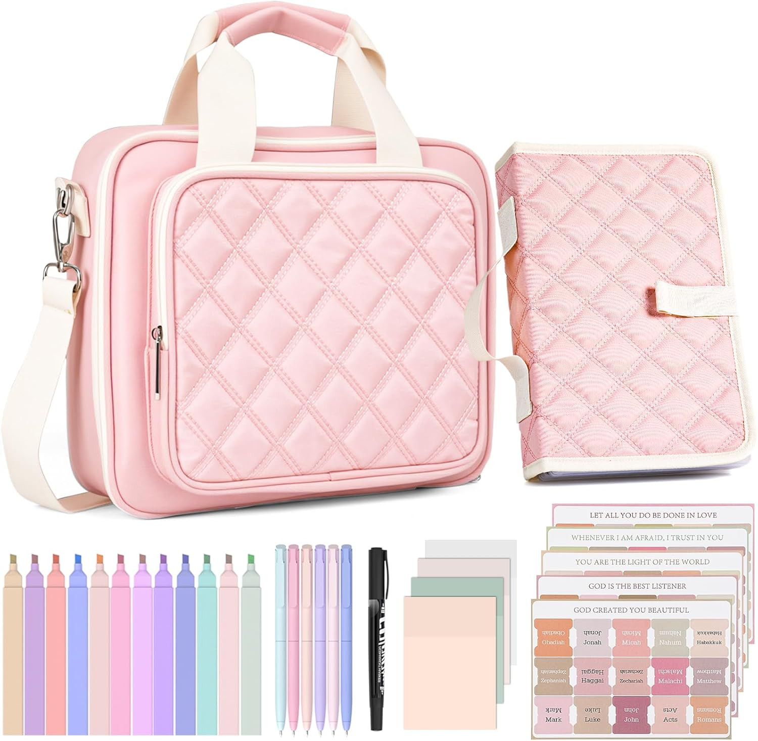 Quilted Bible Bag with Cover Case and Shoulder Strap for Women