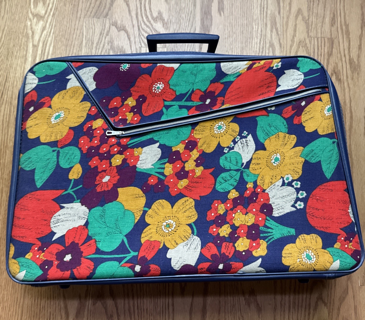 Vintage 70s Floral Suitcase Blue Mod Flower Power Retro Luggage Carry On 21''