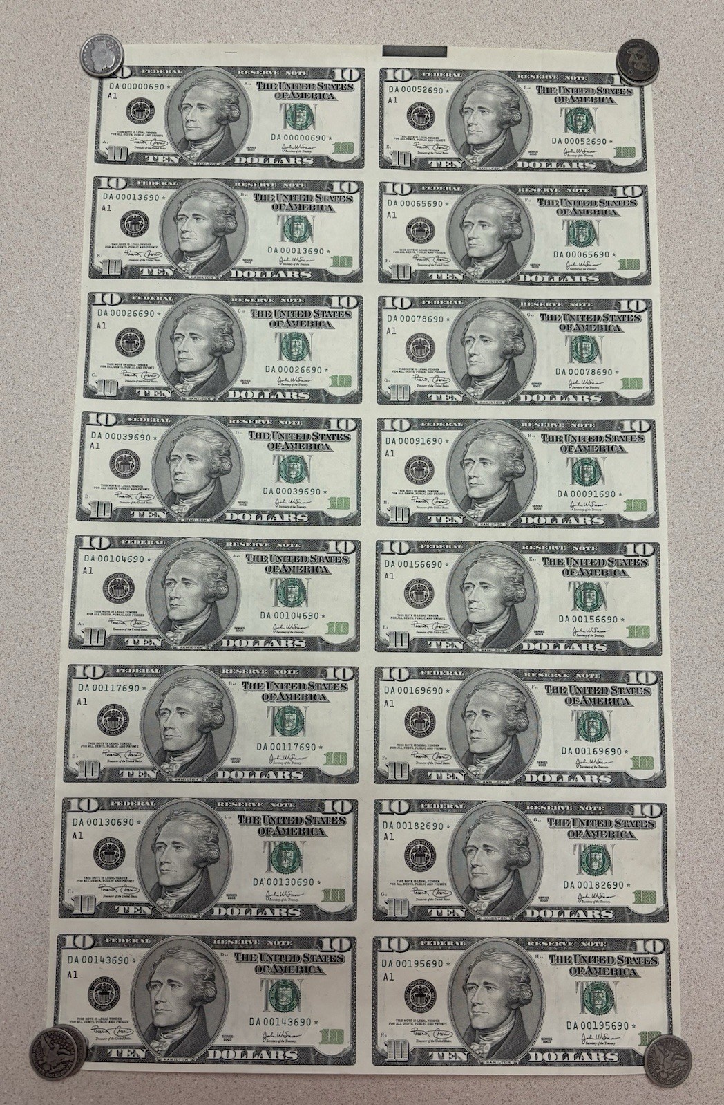 Uncut Sheet of 16 $10 US Federal Reserve Star Notes 2003 Green Seal Low Serial #