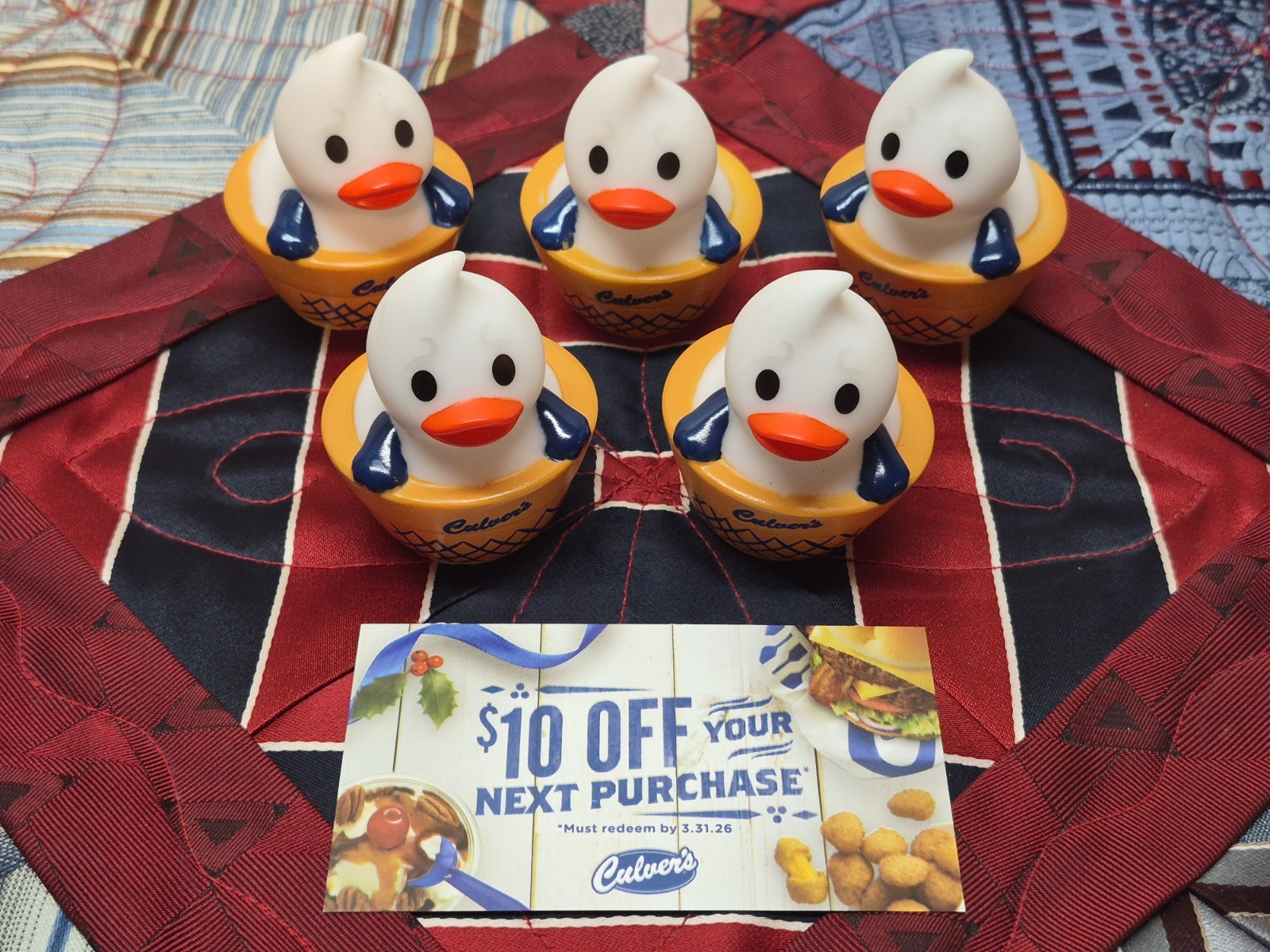 Culvers Kids Pool Bath Rubber Duck Lot Of 5 Custard Ice Cream Cone + $10 Card