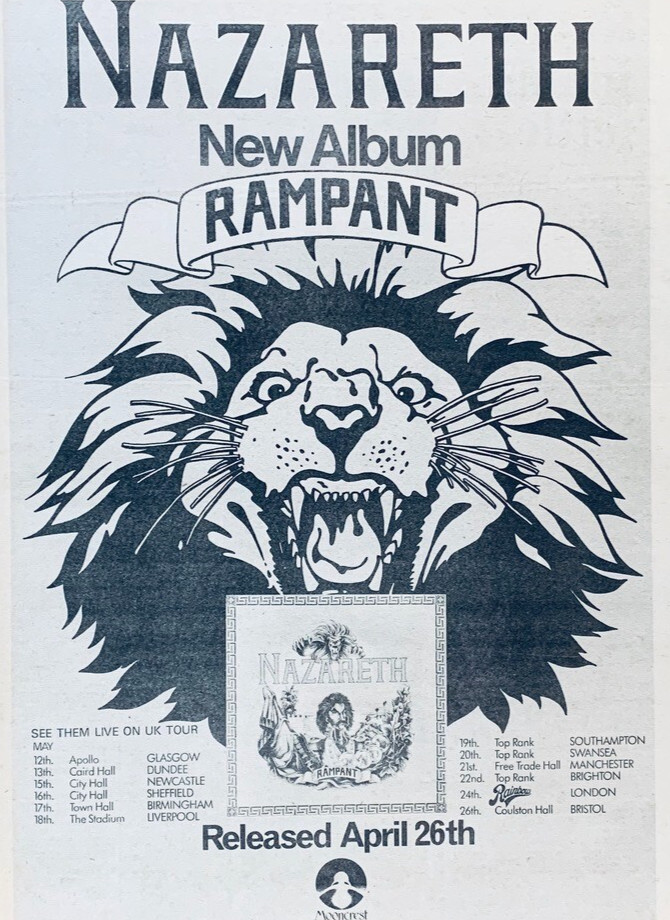 NAZARETH 1974 original POSTER ADVERT RAMPANT