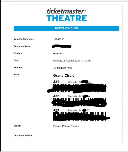 Three Hamilton tickets,  Victoria Palace Theatre, London, Aug 5th 2024