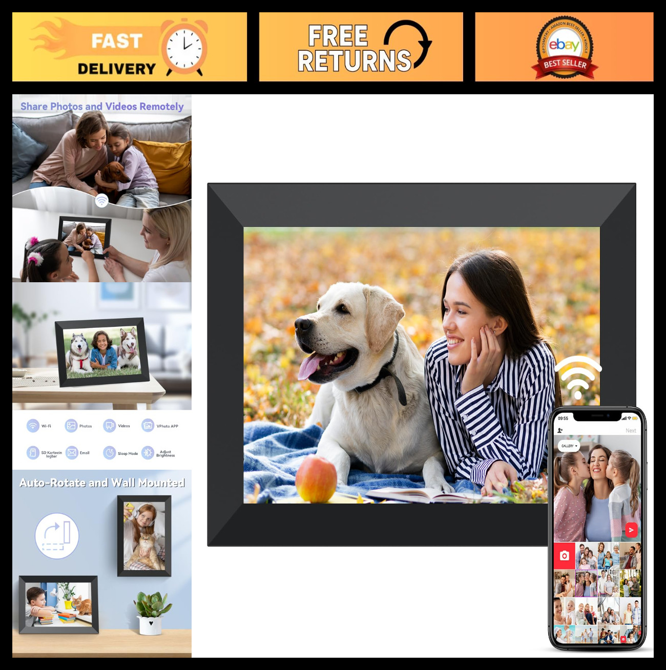 10.1" WiFi Digital Photo Frame - HD Touch Screen, Cloud Sharing, Auto Rotation,