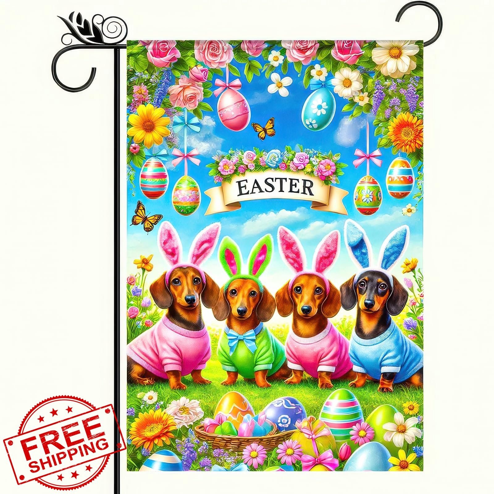 BlissYard Easter 12x18" Double Sided Garden Flag Dog Bunny Floral